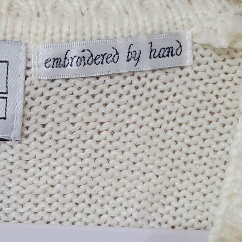 Vtg Jantzen Classics Ivory Floral Hand Embroidered Sweater M V-Neck Grandma - Picture 3 of 11
